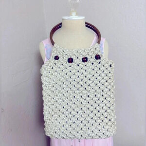 Vintage Handmade Macramé Purse Wooden Handles 70’s 80’s Hippy Kitschy Bohemian